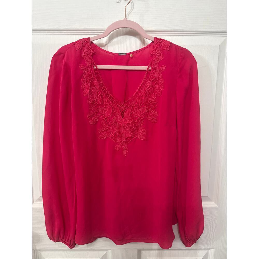 Elie Tahari Long Sleeve Pink Silk Embroidered V-neck Blouse, M